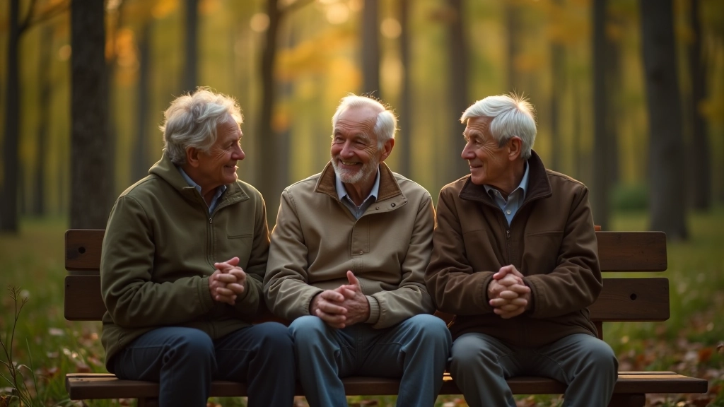 Trīs seniori grupa pastaigas meža vidū, kopā un mierīgi